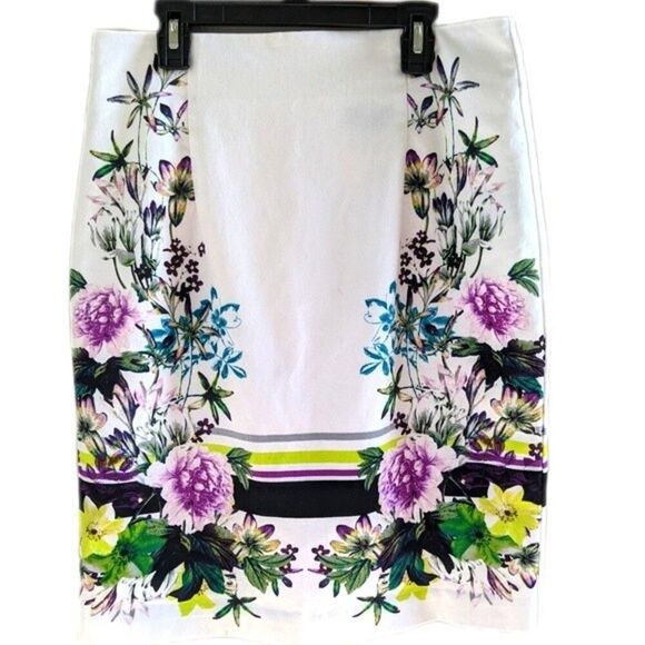 Worthington white knee-length white skirt with purple & green floral - 10 - Picture 2 of 5